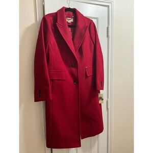 Michael Kors Women's Red Wool Blend Long Coat Chain Detail Size L